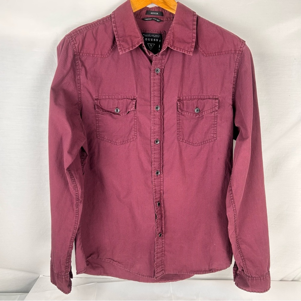 Guess Austin Western Slim Fit Burgundy Button Down Shirt Size M